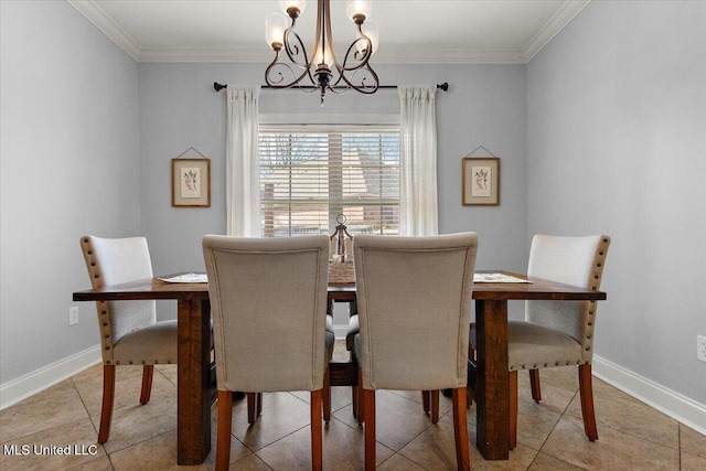 dining room with light tile patterned flooring, an inviting chandelier, baseboards, and ornamental molding