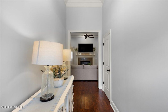 hall with crown molding and dark wood-style flooring