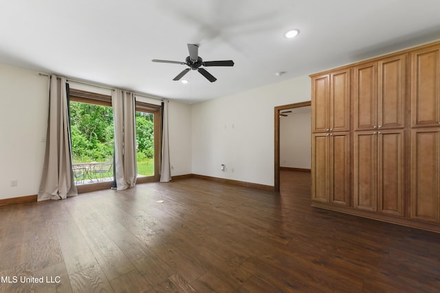 unfurnished living room with ceiling fan, baseboards, dark wood-style flooring, and recessed lighting