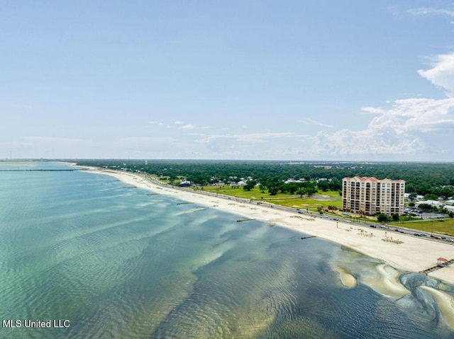 aerial view featuring a water view and a view of the beach