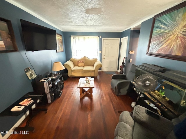 living room featuring ornamental molding, a textured ceiling, and dark wood-type flooring