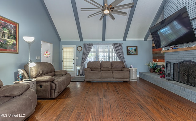 living area featuring a brick fireplace, ceiling fan, beam ceiling, wood finished floors, and high vaulted ceiling