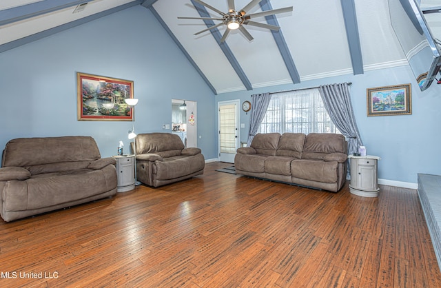 living area featuring baseboards, ceiling fan, hardwood / wood-style floors, beam ceiling, and high vaulted ceiling