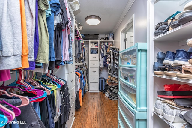 walk in closet with wood finished floors