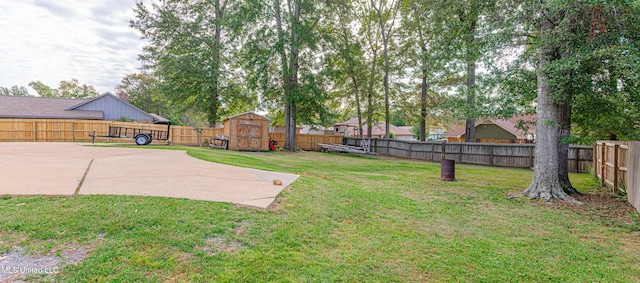 view of yard with an outbuilding, a storage unit, a fenced backyard, and a patio area