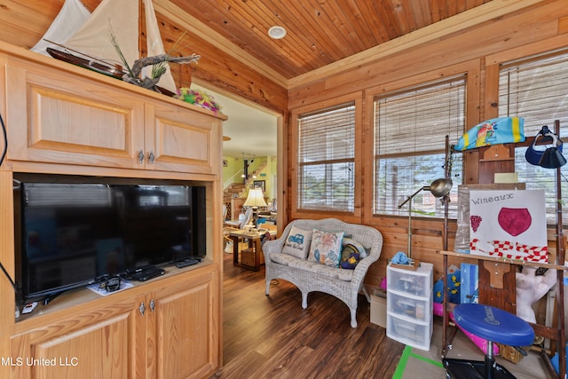 living room with wood ceiling, wooden walls, and dark hardwood / wood-style floors