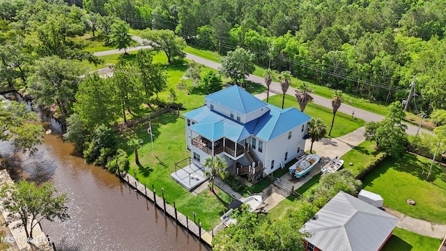 drone / aerial view featuring a water view