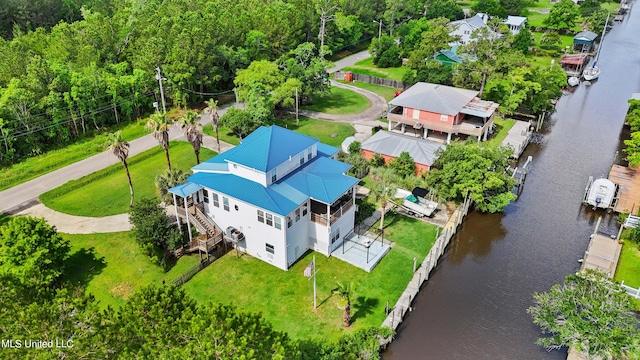 drone / aerial view featuring a water view