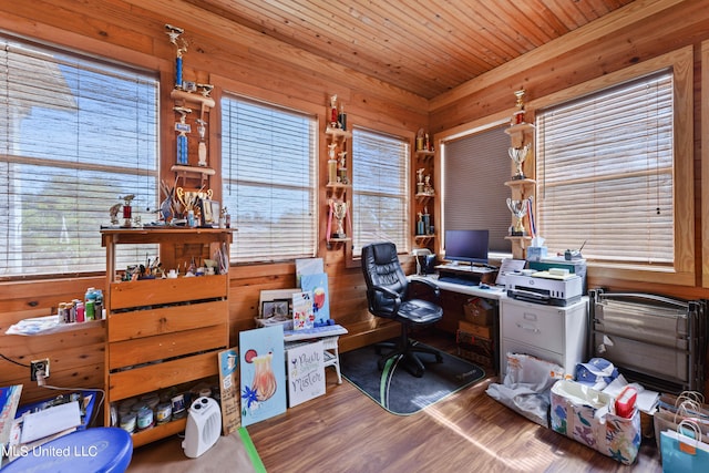 office featuring wood ceiling, hardwood / wood-style flooring, and wooden walls