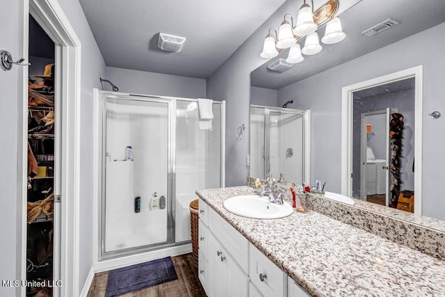 bathroom with a stall shower, visible vents, vanity, and a spacious closet