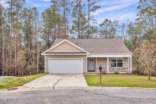 view of front facade with roof with shingles, a porch, concrete driveway, an attached garage, and a front lawn