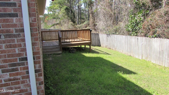 view of yard featuring a fenced backyard and a wooden deck