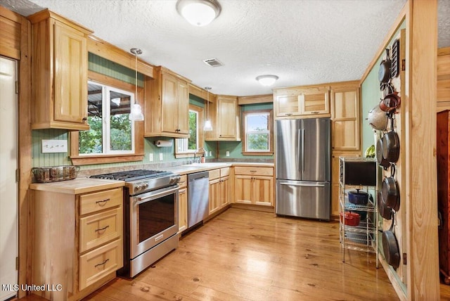 kitchen with stainless steel appliances, plenty of natural light, pendant lighting, and light hardwood / wood-style flooring