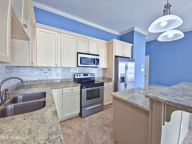 64 Oak Alley Ln, Long Beach, MS 39560 - kitchen with a sink, decorative backsplash, crown molding, decorative light fixtures, and appliances with stainless steel finishes