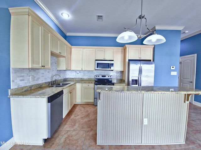 64 Oak Alley Ln, Long Beach, MS 39560 - kitchen featuring tasteful backsplash, a sink, appliances with stainless steel finishes, visible vents, and ornamental molding