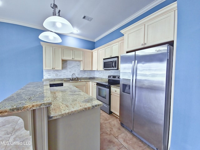 64 Oak Alley Ln, Long Beach, MS 39560 - kitchen featuring crown molding, a sink, appliances with stainless steel finishes, visible vents, and a peninsula