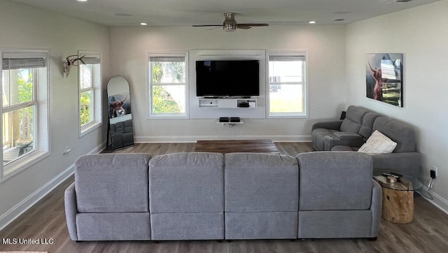 living room with hardwood / wood-style flooring and ceiling fan