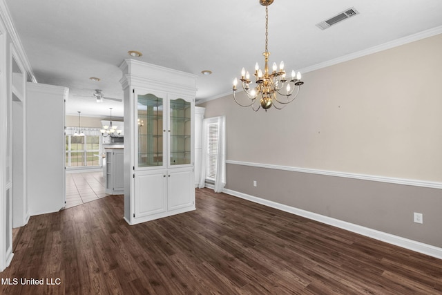 380 Green Acres Dr, Canton, MS 39046 - unfurnished dining area with a chandelier, dark wood-style flooring, and ornamental molding