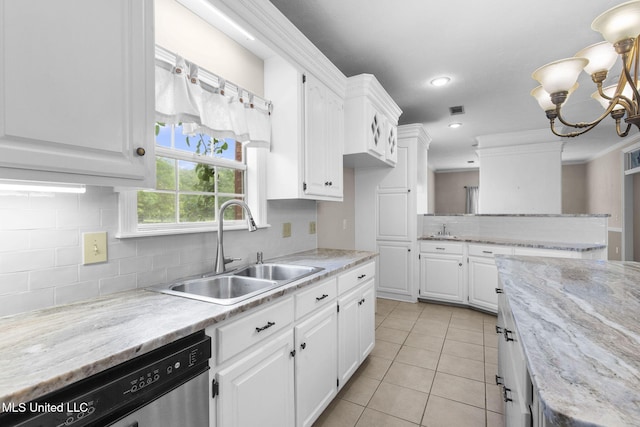 380 Green Acres Dr, Canton, MS 39046 - kitchen featuring stainless steel dishwasher, backsplash, white cabinetry, light tile patterned flooring, and a chandelier