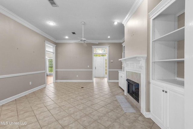 380 Green Acres Dr, Canton, MS 39046 - unfurnished living room with ceiling fan, a fireplace with flush hearth, crown molding, recessed lighting, and light tile patterned floors