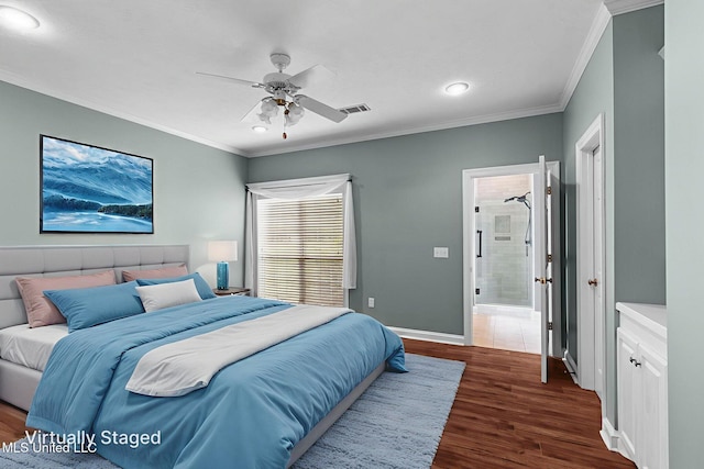 380 Green Acres Dr, Canton, MS 39046 - bedroom featuring ornamental molding, dark wood-style flooring, recessed lighting, ensuite bath, and ceiling fan