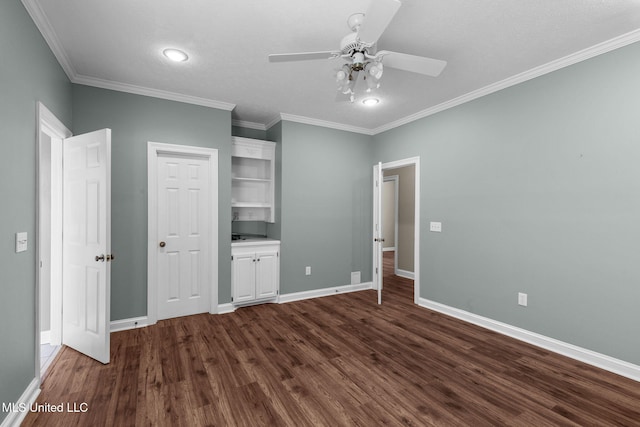 380 Green Acres Dr, Canton, MS 39046 - unfurnished bedroom with dark wood-style floors, ornamental molding, ceiling fan, and recessed lighting
