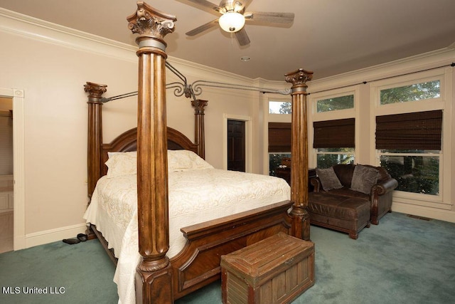 carpeted bedroom featuring ornamental molding and baseboards
