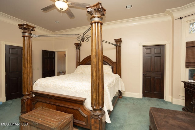 bedroom with dark carpet, ornamental molding, and ceiling fan