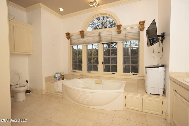full bathroom with a bath, ornamental molding, toilet, and vanity