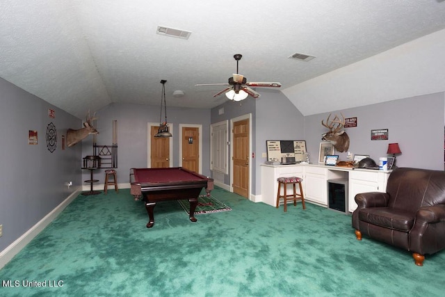 recreation room with vaulted ceiling, ceiling fan, billiards table, baseboards, and light carpet