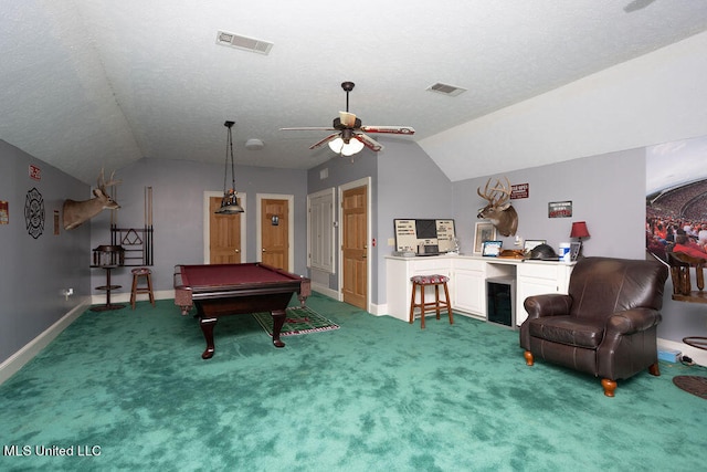 playroom featuring lofted ceiling, pool table, carpet floors, and ceiling fan