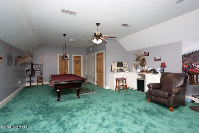 rec room featuring vaulted ceiling, a ceiling fan, billiards table, a textured ceiling, and baseboards