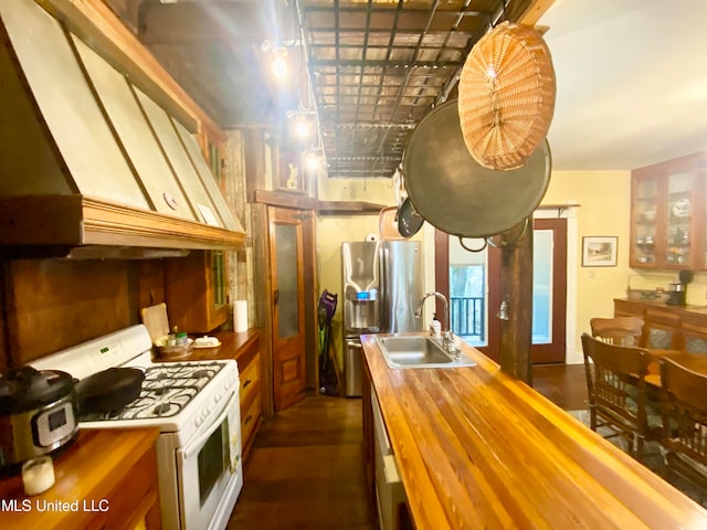 kitchen featuring sink, butcher block countertops, stainless steel appliances, dark wood-type flooring, and ventilation hood