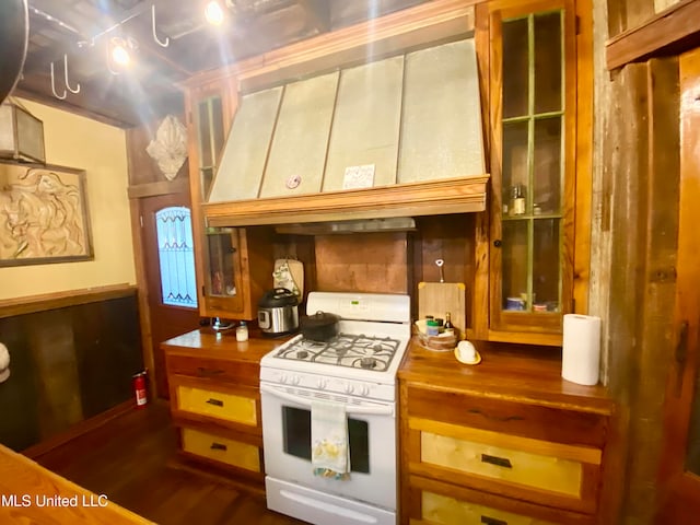 kitchen with custom exhaust hood, white gas range oven, and dark hardwood / wood-style flooring