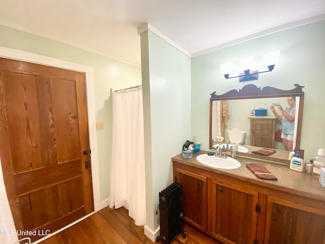 bathroom with vanity, ornamental molding, and wood-type flooring