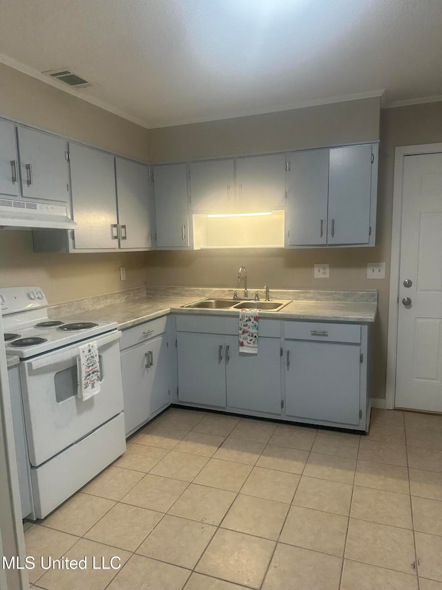 kitchen with light tile patterned floors, white electric stove, gray cabinetry, and sink