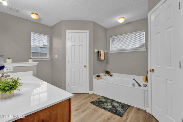 bathroom with a washtub, vanity, a textured ceiling, and hardwood / wood-style flooring