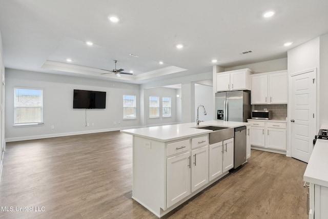 5006 Sand Dollar Dr, Long Beach, MS 39560 - kitchen featuring appliances with stainless steel finishes, a tray ceiling, ceiling fan, light countertops, and light wood finished floors