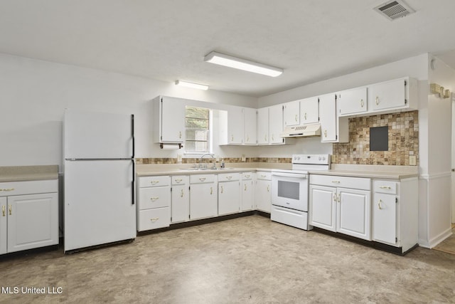 546 Hunters Creek Cir, Madison, MS 39110 - kitchen with white appliances, under cabinet range hood, white cabinets, light countertops, and tasteful backsplash