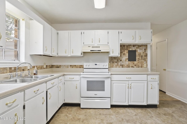 546 Hunters Creek Cir, Madison, MS 39110 - kitchen with white range with electric cooktop, custom exhaust hood, white cabinets, light countertops, and backsplash