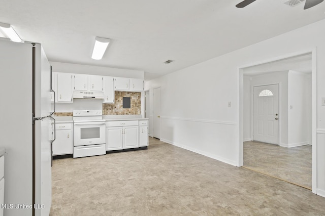 546 Hunters Creek Cir, Madison, MS 39110 - kitchen featuring white appliances, under cabinet range hood, light countertops, and white cabinetry