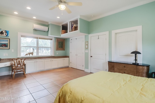 tiled bedroom featuring a wall unit AC, ceiling fan, and ornamental molding