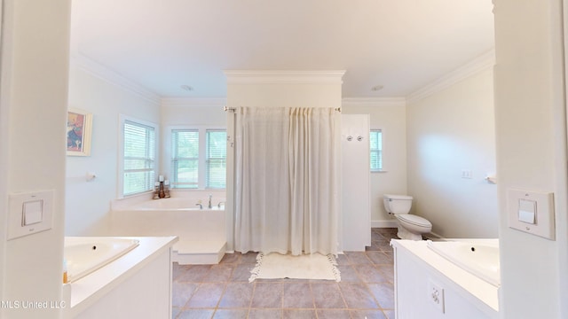 bathroom with vanity, ornamental molding, and a garden tub