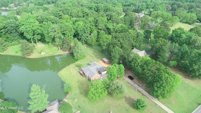 birds eye view of property with a water view and a forest view