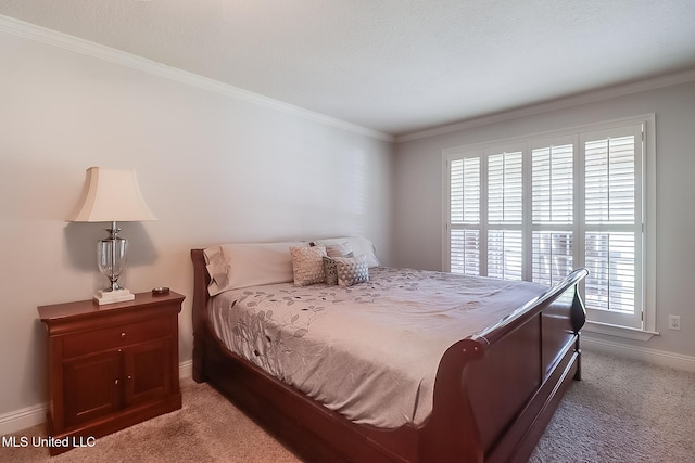 carpeted bedroom with crown molding and multiple windows