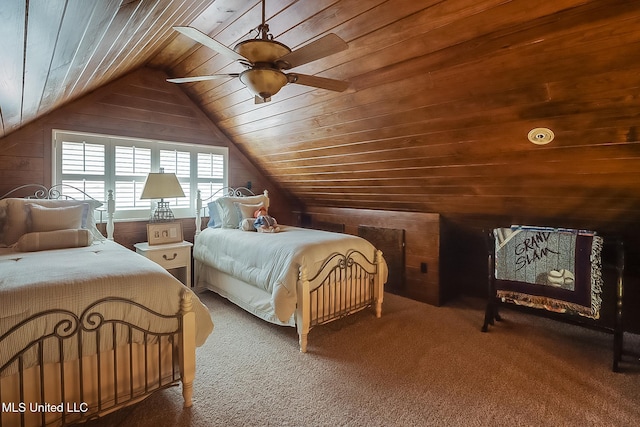 carpeted bedroom with lofted ceiling, wooden walls, ceiling fan, and wooden ceiling