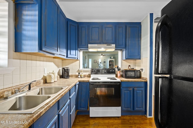 kitchen with sink, black appliances, blue cabinetry, and dark wood-type flooring