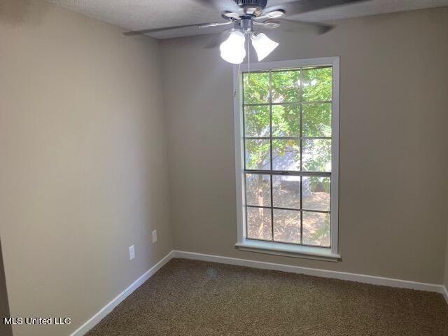 carpeted empty room with a textured ceiling, a healthy amount of sunlight, and ceiling fan