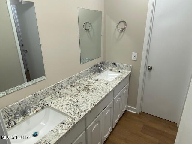 bathroom with vanity and hardwood / wood-style floors