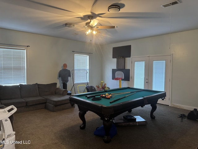 game room with carpet, a ceiling fan, pool table, and baseboards